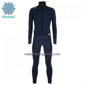 Set Fietsshirt Lange Mouw + Lange Koersbroek 2022 Ronde van Frankrijk Winter Thermal Fleece Donkerblauw